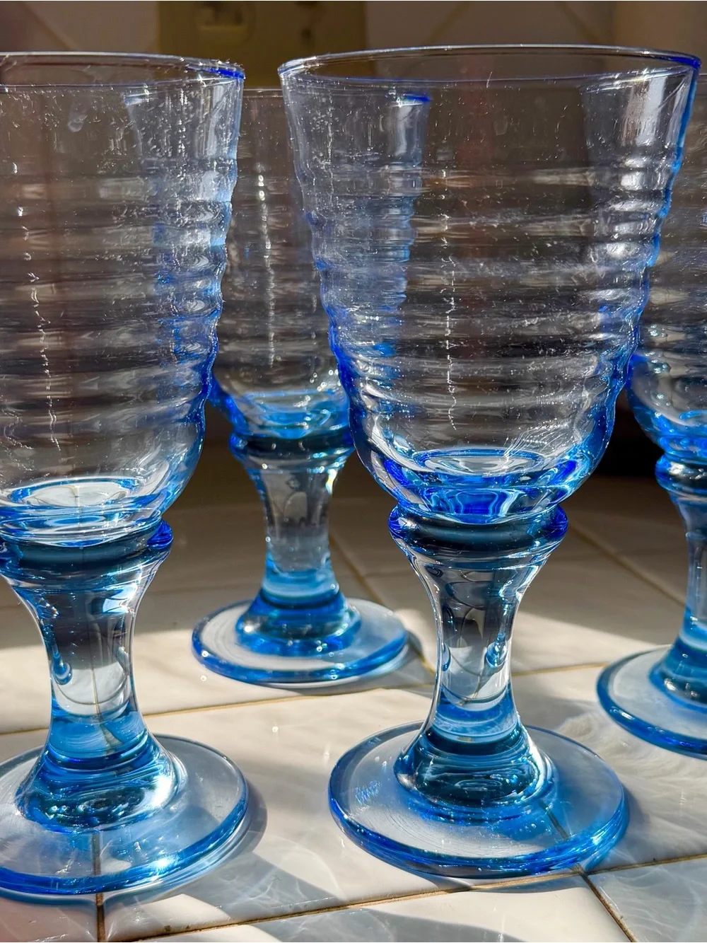 Set of Four, Vintage 90s Blue Ribbed Glass Goblets - Set of Decorative Glasses